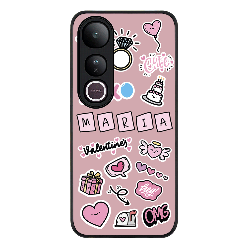 Personalized Name Cute Love Heart Sticker Phone Case - Vivo - V50 Lite / Rugged Black - Stylizedd