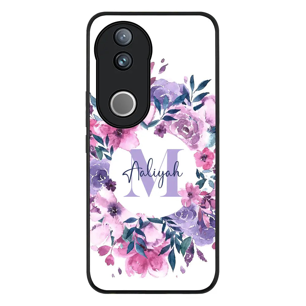 Custom Monogram Floral Flower Initial Name & Letter Phone Case - Vivo - V50 / V50e / Rugged Black
