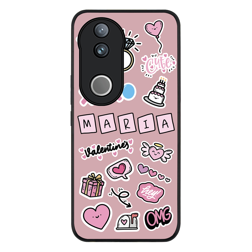 Personalized Name Cute Love Heart Sticker Phone Case - Vivo - V50 / V50e / Rugged Black - Stylizedd