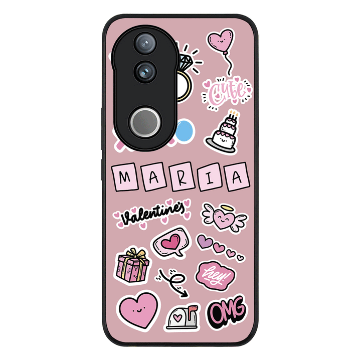 Personalized Name Cute Love Heart Sticker Phone Case - Vivo - V50 / V50e / Rugged Black - Stylizedd