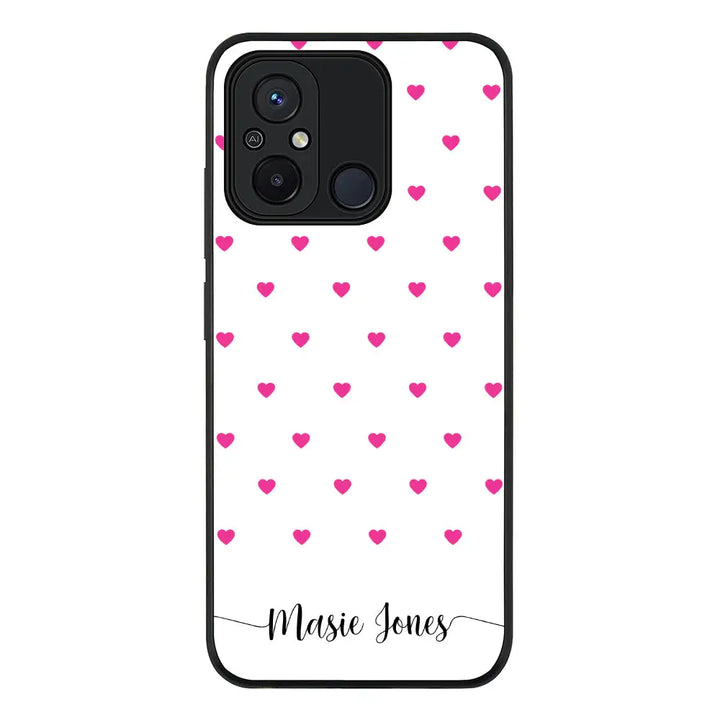 Redmi 12C 4G / Rugged Black Heart Pattern Custom Text, My Name Phone Case - Redmi - Stylizedd.com