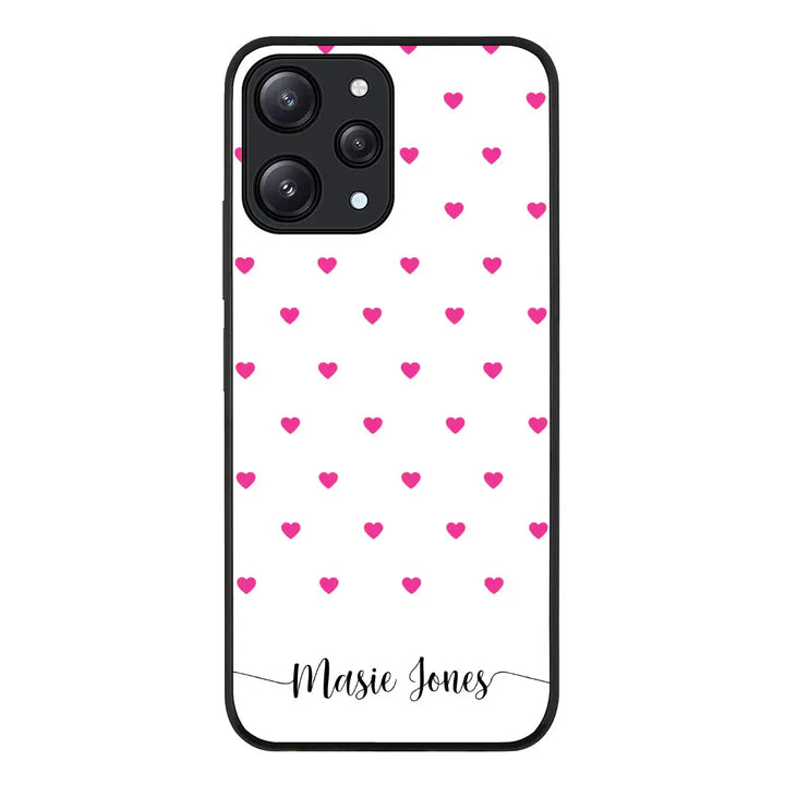 Redmi 12 4G / Rugged Black Heart Pattern Custom Text, My Name Phone Case - Redmi - Stylizedd.com