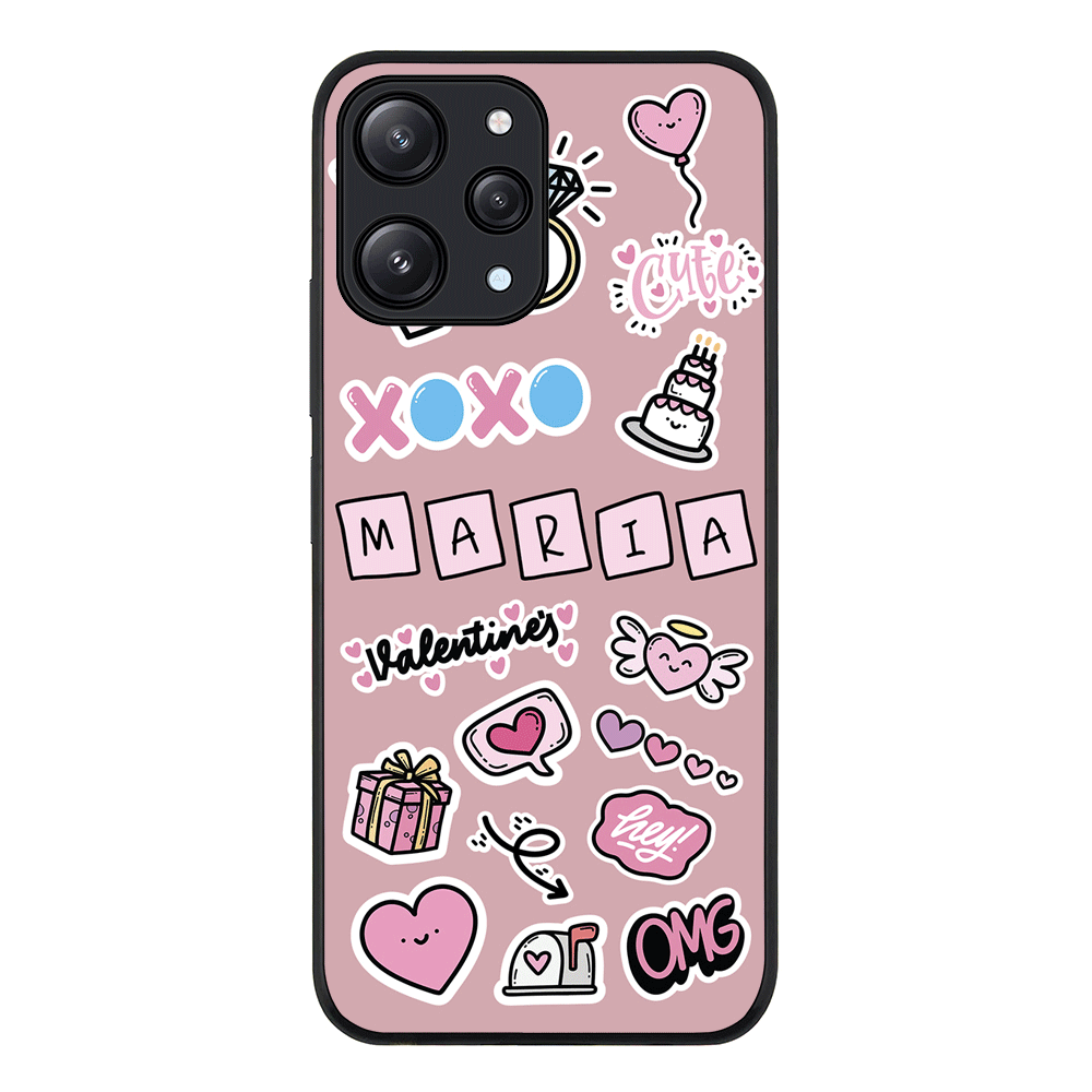 Redmi 12 4G / Rugged Black Personalized Name Cute Love Heart Sticker, Phone Case - Redmi - Stylizedd.com