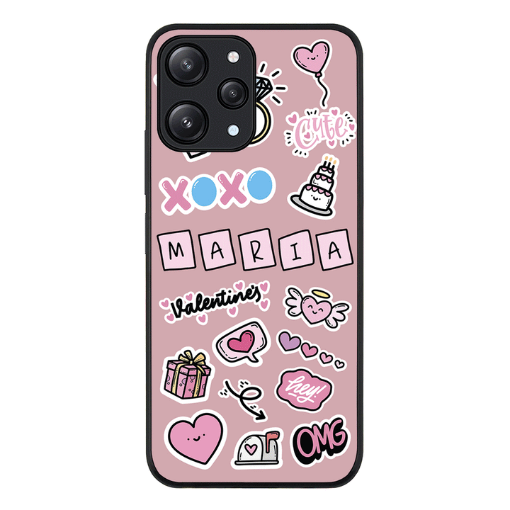 Redmi 12 4G / Rugged Black Personalized Name Cute Love Heart Sticker, Phone Case - Redmi - Stylizedd.com