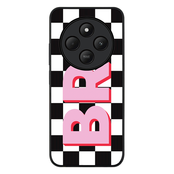 Redmi 14C / 14R / Rugged Black Custom Monogram Initial Checkerboard, Phone Case - Redmi - Stylizedd.com