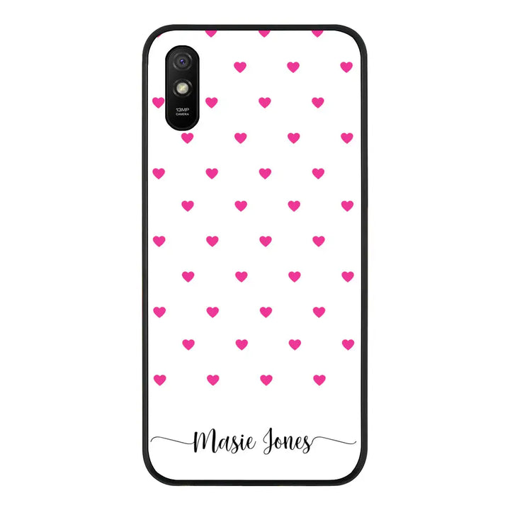 Redmi 9A 4G / Rugged Black Heart Pattern Custom Text, My Name Phone Case - Redmi - Stylizedd.com