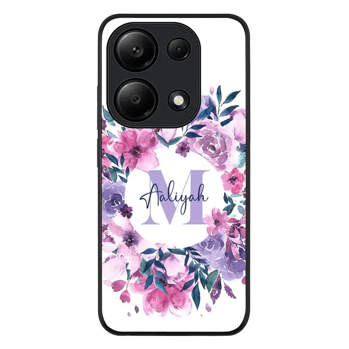 Redmi Note 13 Pro 4G / Rugged Black Custom Monogram Floral Flower Initial Name & Letter, Phone Case - Redmi - Stylizedd.com