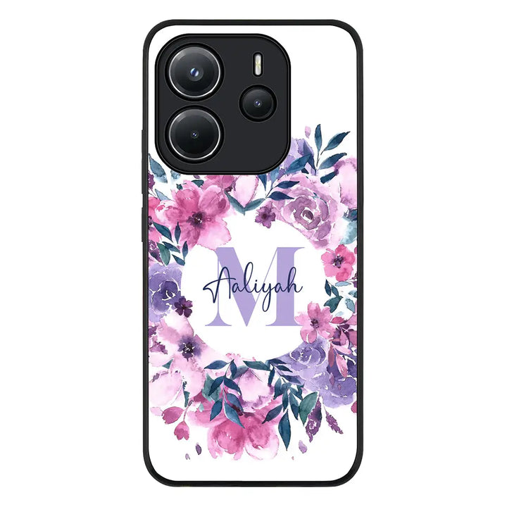 Redmi Note 14 4G / Rugged Black Custom Monogram Floral Flower Initial Name & Letter, Phone Case - Redmi - Stylizedd.com