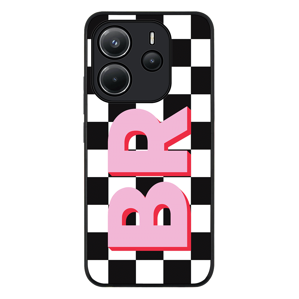 Redmi Note 14 4G / Rugged Black Custom Monogram Initial Checkerboard, Phone Case - Redmi - Stylizedd.com