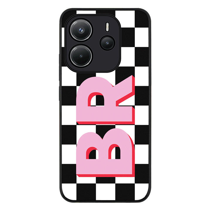 Redmi Note 14 4G / Rugged Black Custom Monogram Initial Checkerboard, Phone Case - Redmi - Stylizedd.com