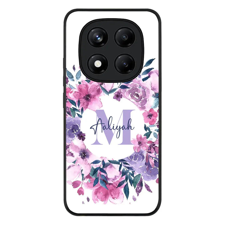 Redmi Note 14 Pro 4G / Rugged Black Custom Monogram Floral Flower Initial Name & Letter, Phone Case - Redmi - Stylizedd.com