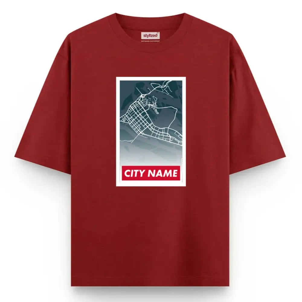 Custom City Poster T-Shirt - Oversized - Maroon / XS