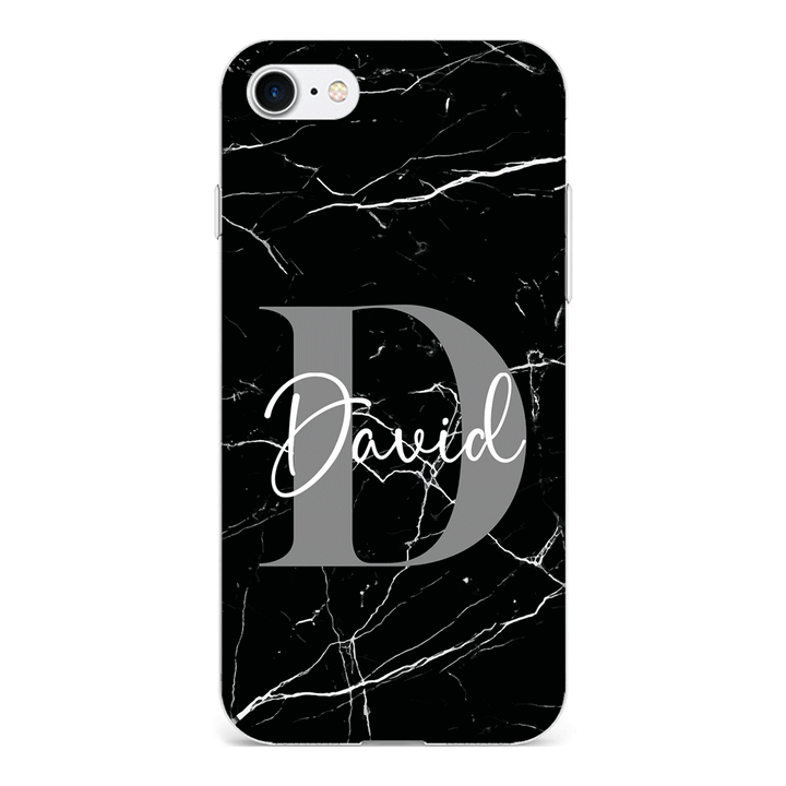Apple iPhone 7/8/SE (2020) / Clear Classic Personalized Text Black & White Marble Texture, Phone Case - Stylizedd.com