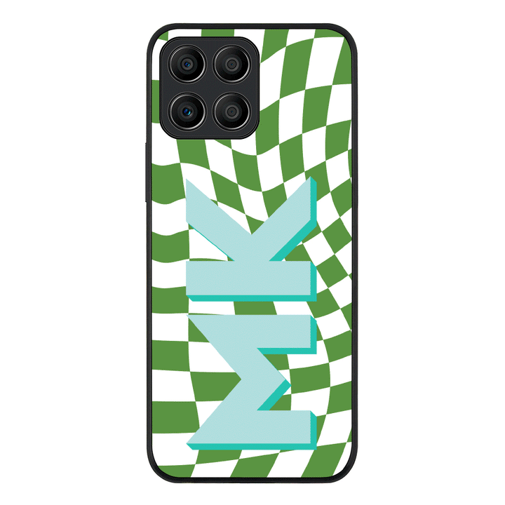 Honor X8 5G / Rugged Black Phone Case Custom Monogram Initial Wavy Checkerboard, Phone Case - Honor - Stylizedd
