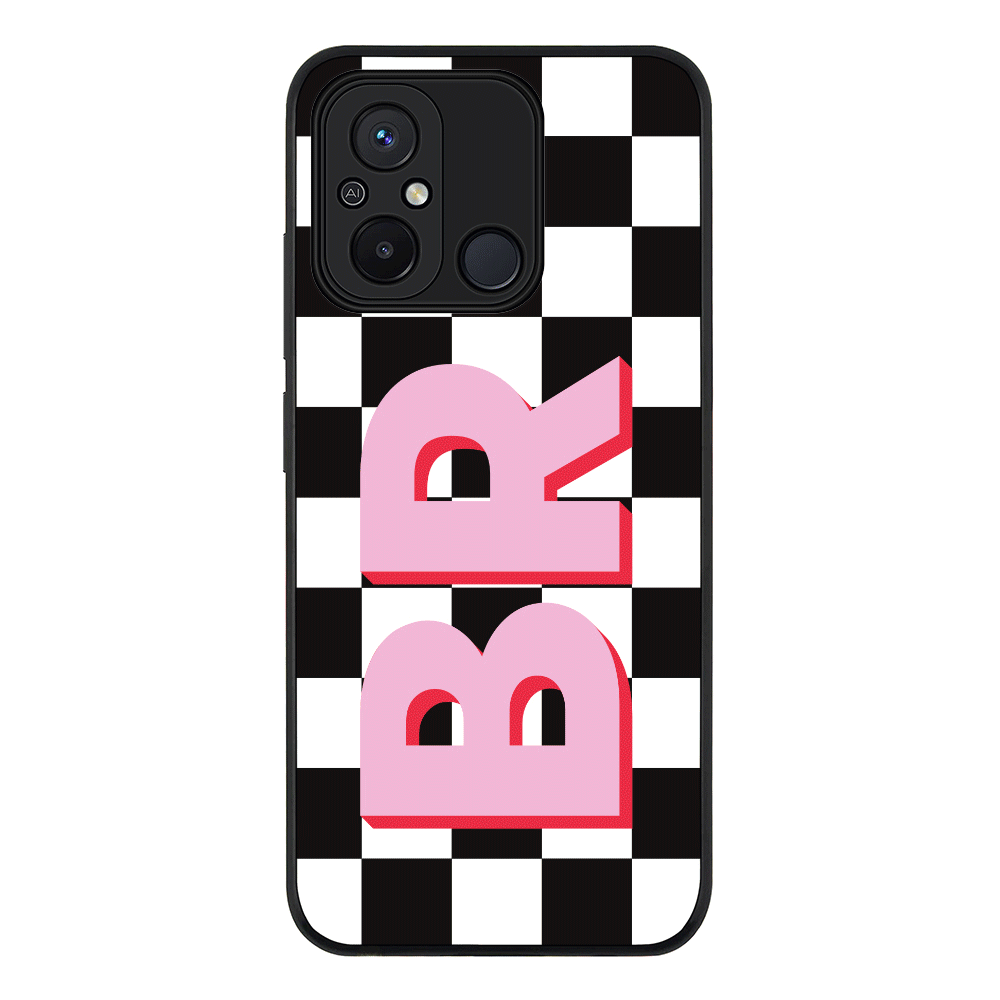 Custom Monogram Initial Checkerboard Phone Case - Redmi - 12C 4G / Rugged Black - Stylizedd